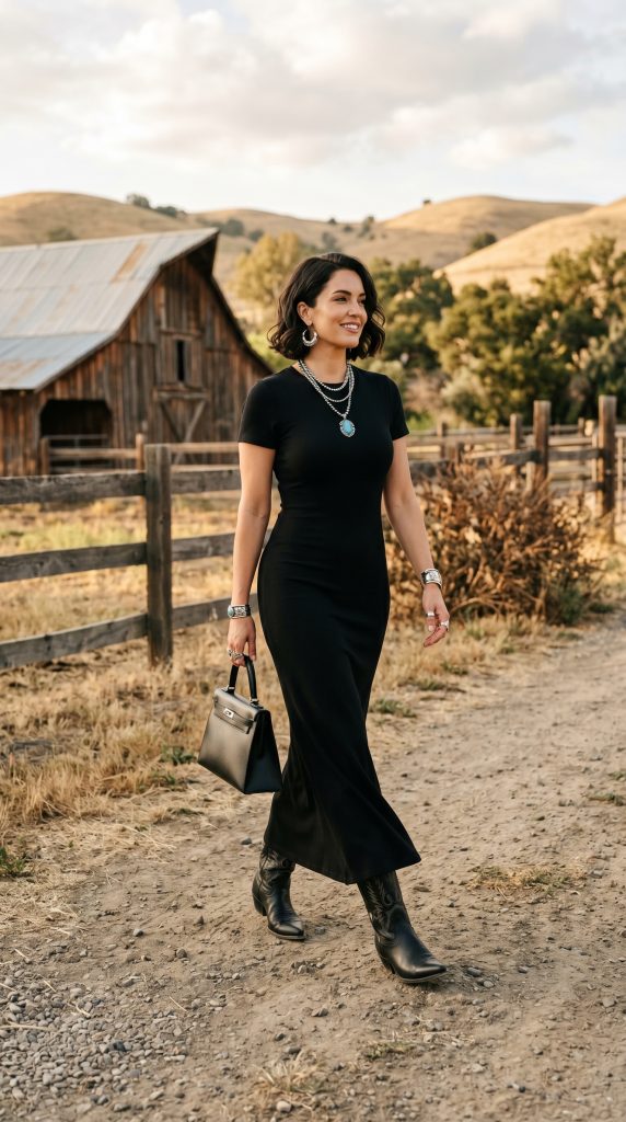 maxi dress with cowboy boots