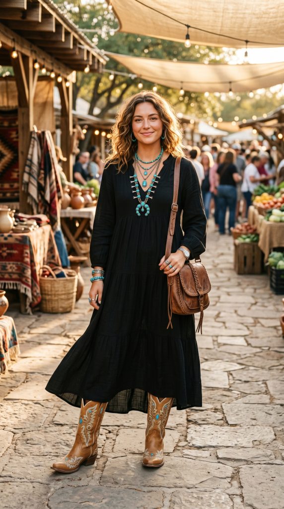 maxi dress with cowboy boots