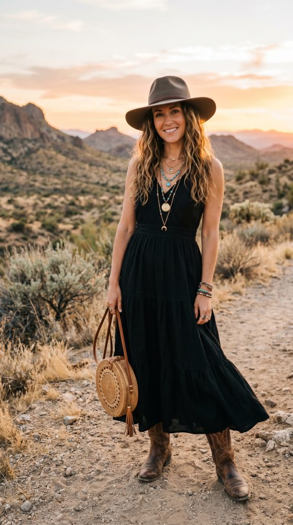 maxi dress with cowboy boots
