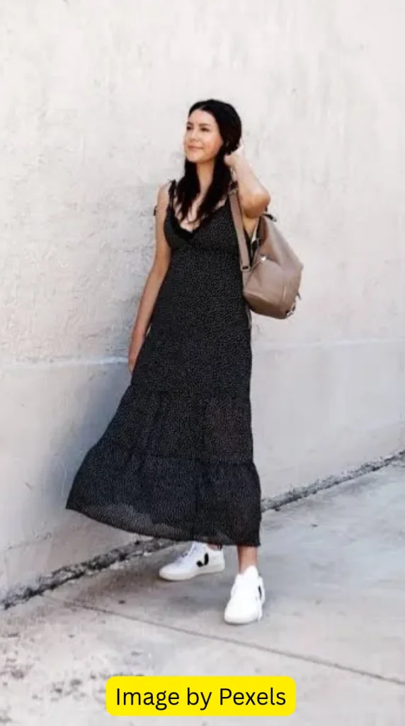 black maxi dress with sneakers