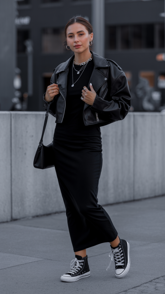 Black Maxi Dress Looks with Sneakers