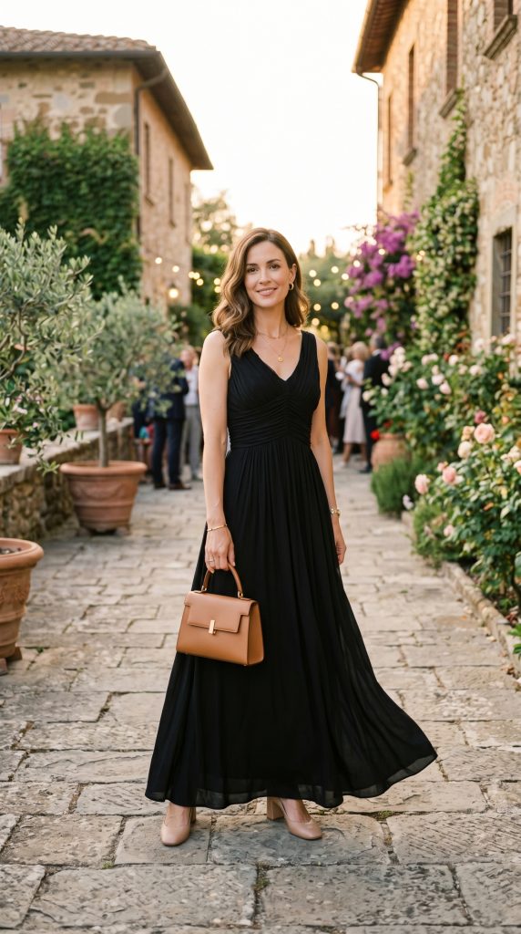 black maxi dress outfit shoes