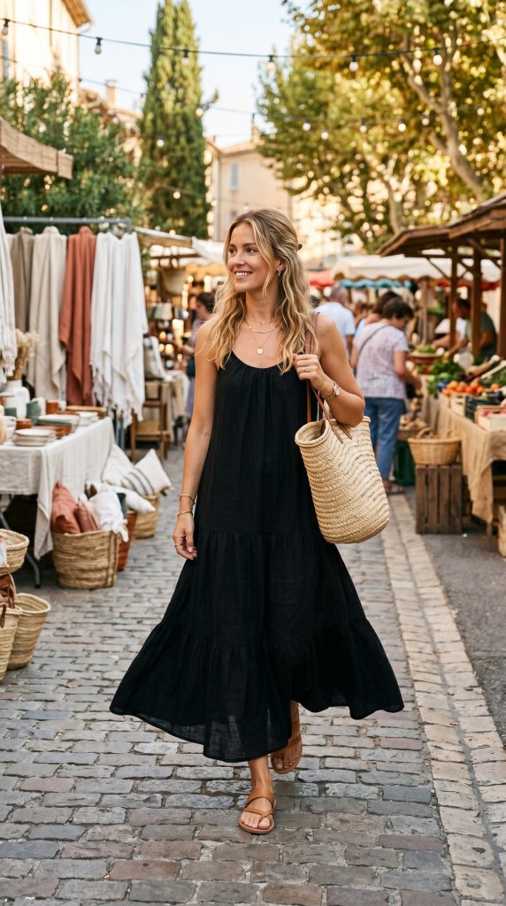 black maxi dress outfit shoes